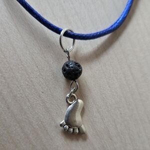 Blue Cord Aromatherapy Necklace with Silvertone Foot Charm